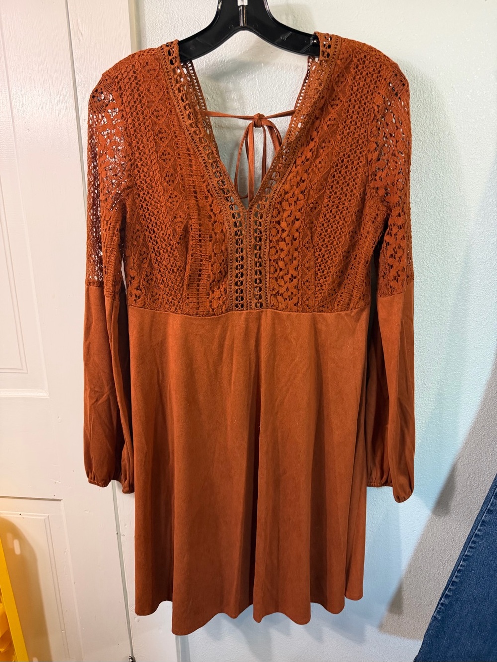 SHEIN Rust Crochet Yoke Long Sleeve Mini Dress